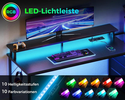 Gaming Tisch mit LED-Beleuchtung und Steckdose, Carbon Fiber, Schwarz, 151×50 cm