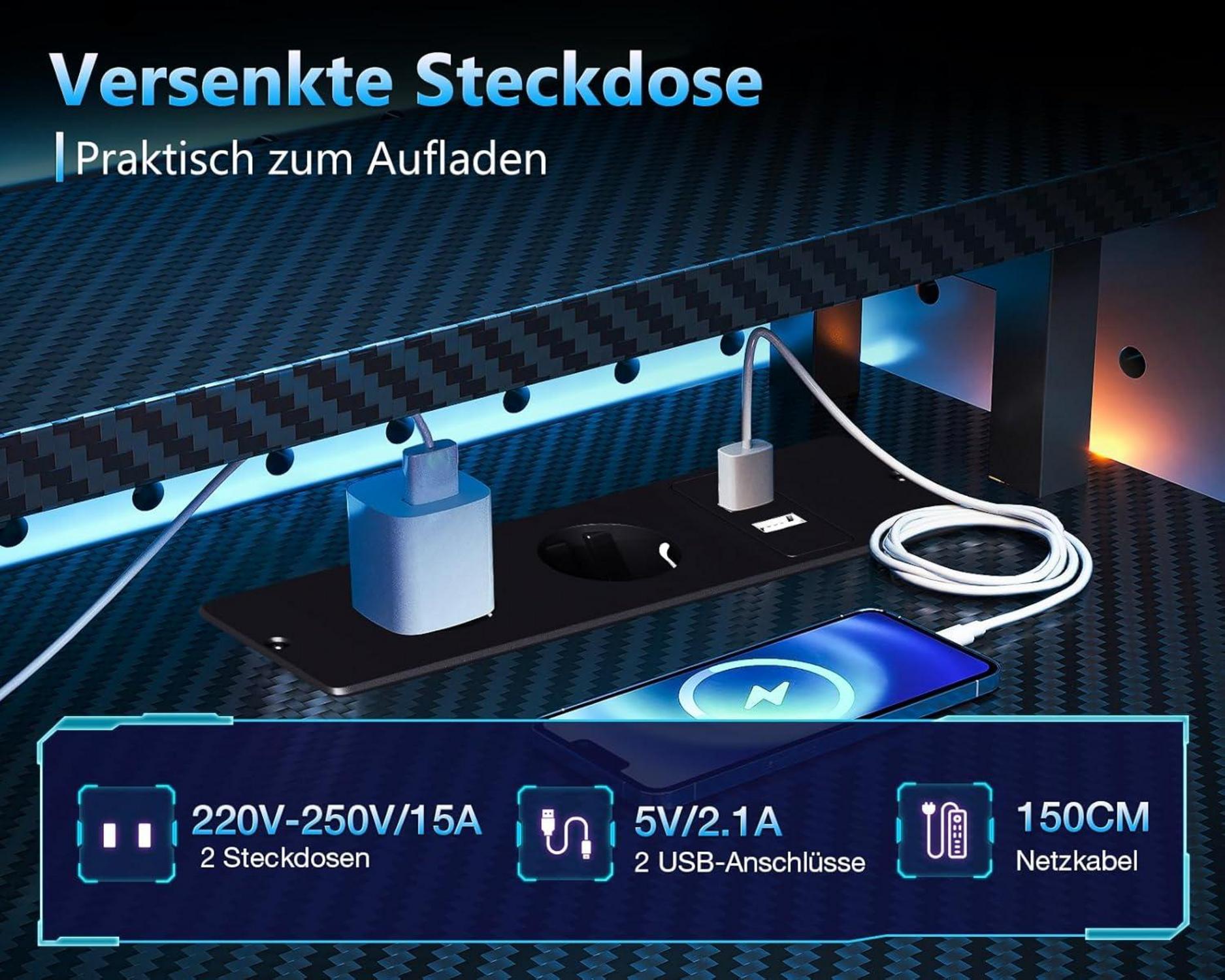 Gaming Tisch LED Beleuchtung Schubladen Steckdose Carbon Fiber 151x50