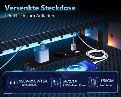 Gaming Tisch LED Beleuchtung Schubladen Steckdose Carbon Fiber 151x50