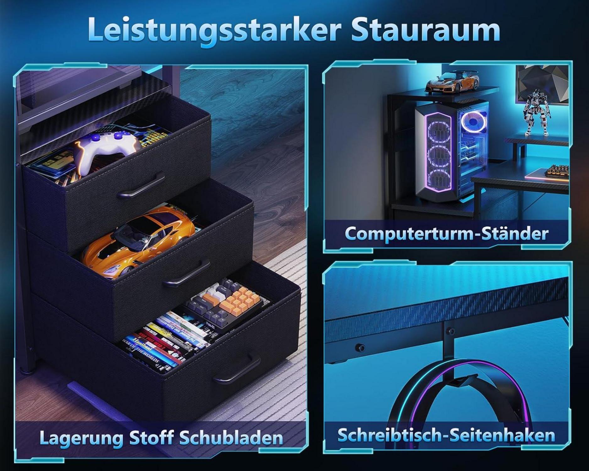 Gaming Tisch LED-Beleuchtung Steckdose Schubladen Monitorständer