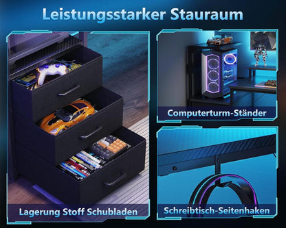 Gaming Tisch LED-Beleuchtung Steckdose Schubladen Monitorständer