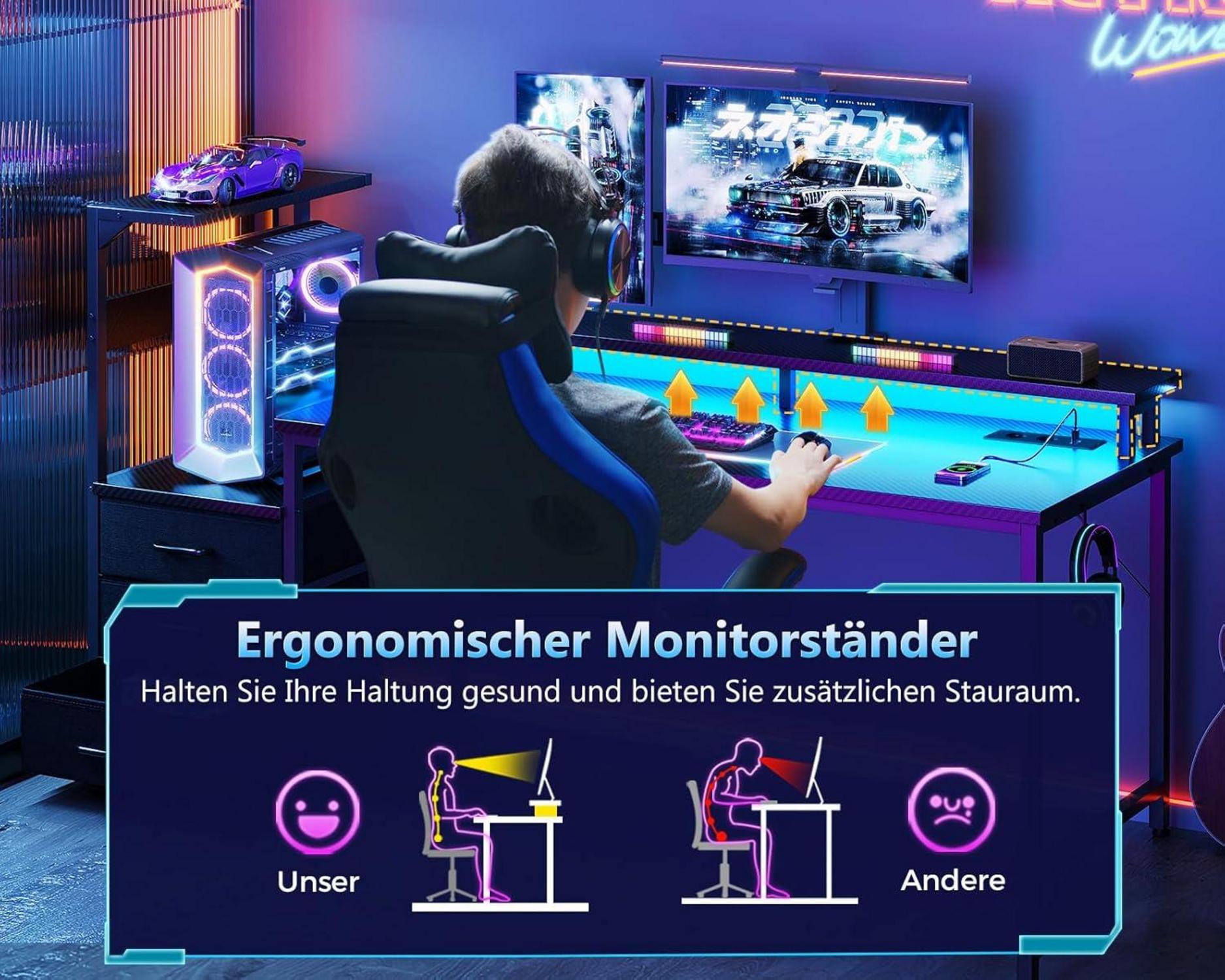 Gaming Tisch LED Beleuchtung Schubladen Steckdose Carbon Fiber 151x50