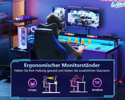 Gaming Tisch LED Beleuchtung Schubladen Steckdose Carbon Fiber 151x50