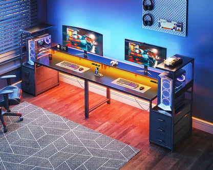 Gaming Tisch mit LED-Beleuchtung und Steckdose, Carbon Fiber, Schwarz, 151×50 cm