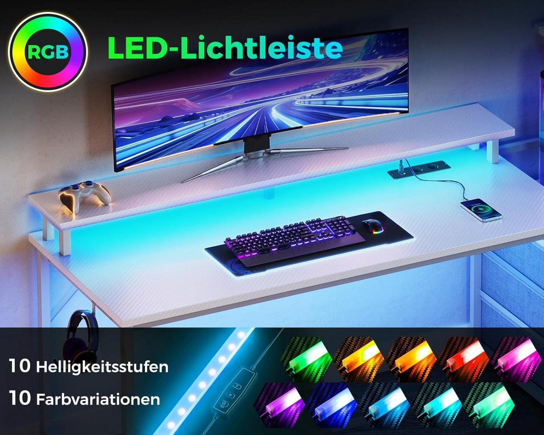 Gaming Schreibtisch LED-Beleuchtung Steckdose Schubladen Ablage Monitorständer Carbon Fiber Weiß 151×50 cm