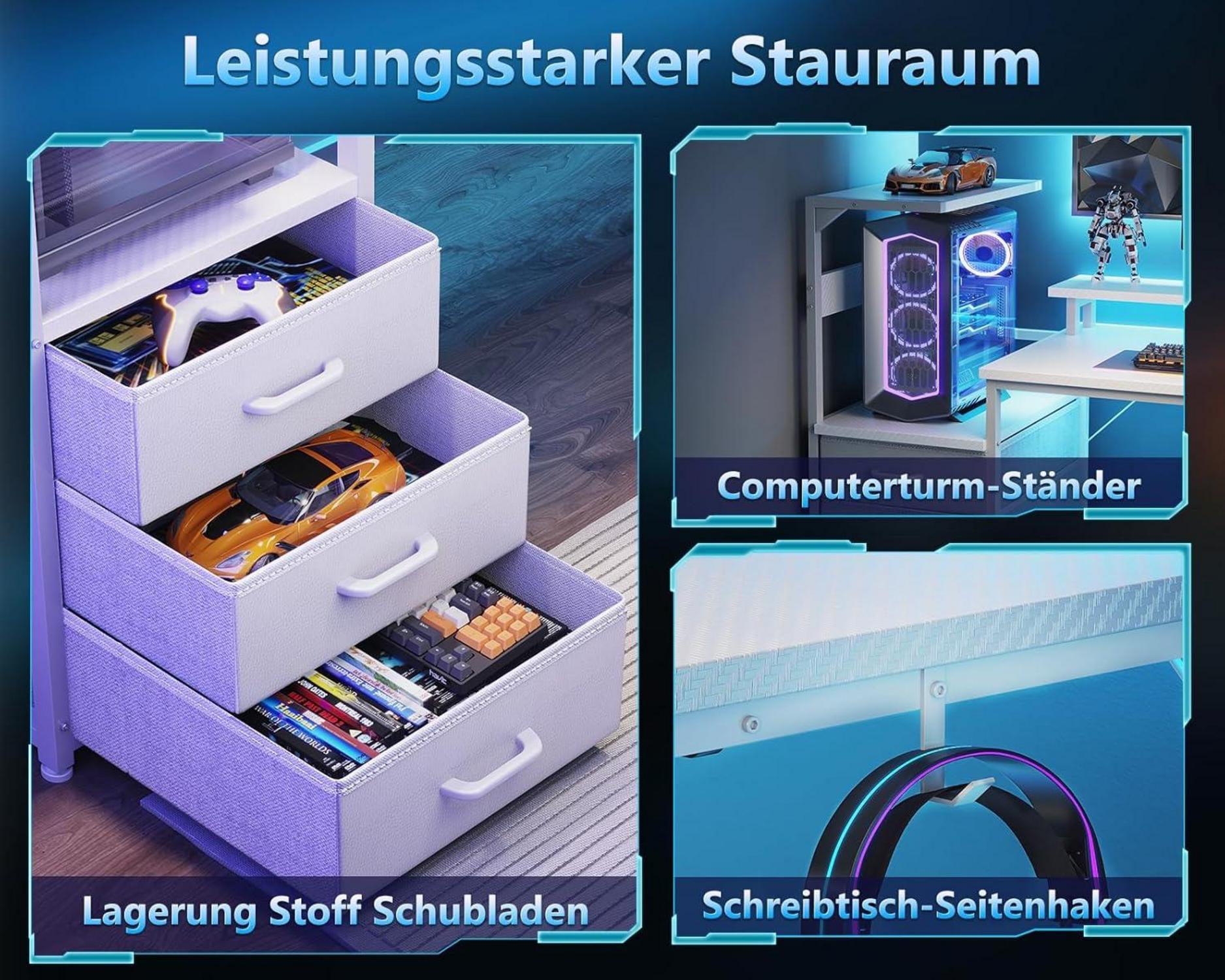 Gaming Tisch LED-Beleuchtung Steckdose Schubladen Monitorständer