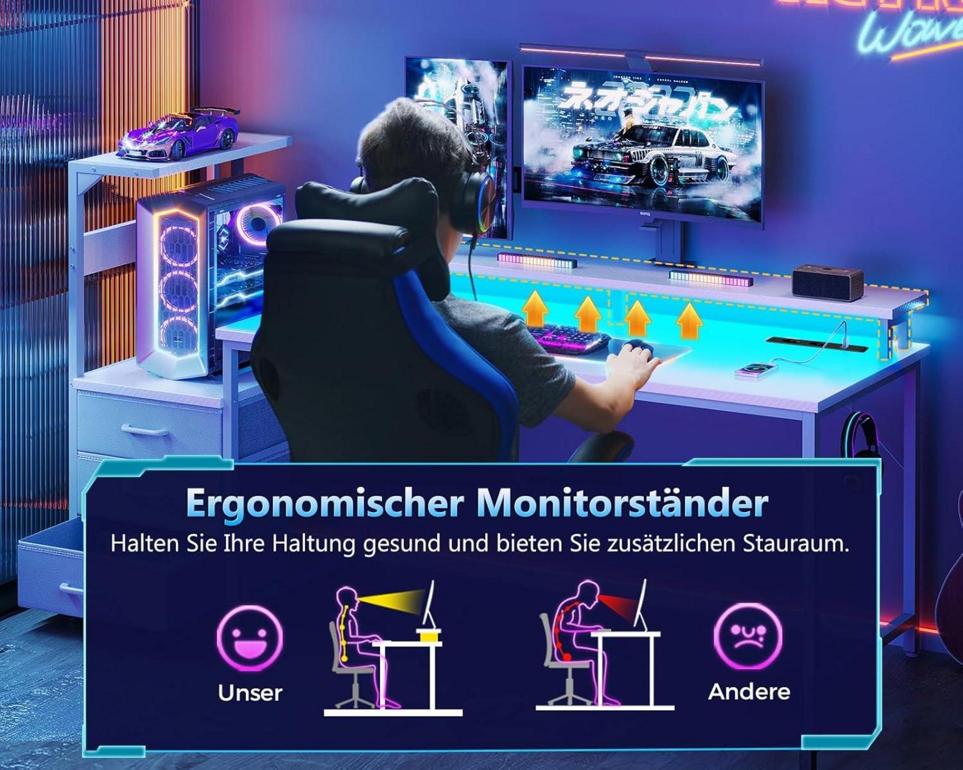 Gaming Tisch LED-Beleuchtung Schubladen Ablageflächen 151x50