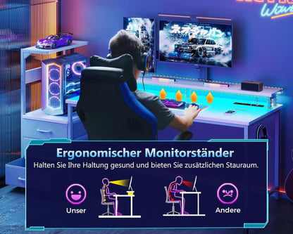 Gaming Tisch LED-Beleuchtung Schubladen Ablageflächen 151x50
