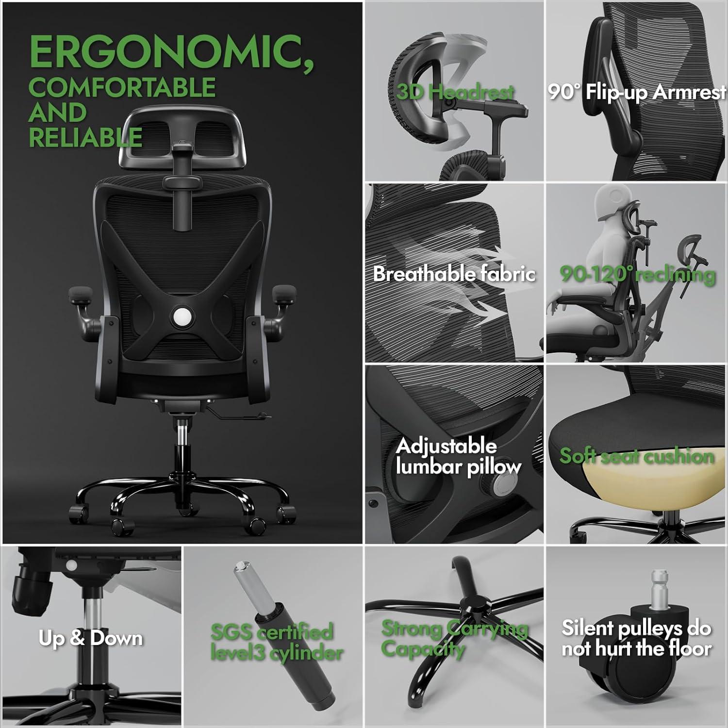 Ergonomischer Bürostuhl mit Lendenwirbelstütze und Kopfstütze, Schwarz