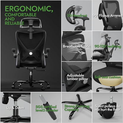 Ergonomischer Bürostuhl mit Lendenwirbelstütze und Kopfstütze, Schwarz