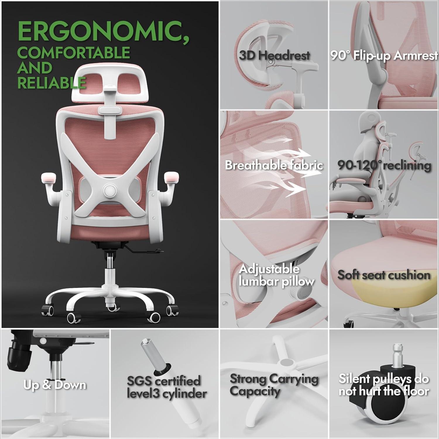 Ergonomischer Bürostuhl mit Lendenwirbelstütze und Kopfstütze in Rosa