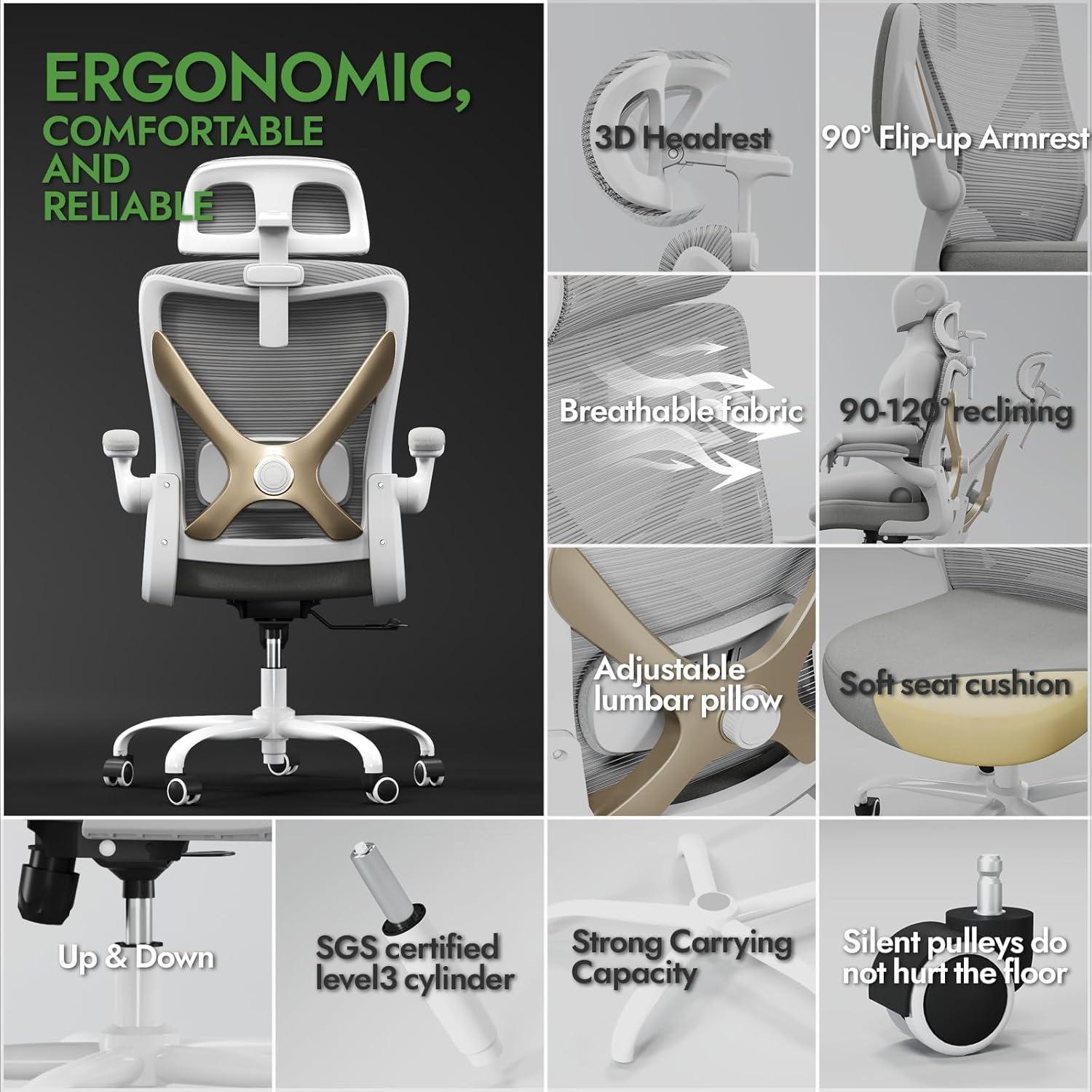 Ergonomischer Bürostuhl mit Lendenwirbelstütze und Kopfstütze Grau
