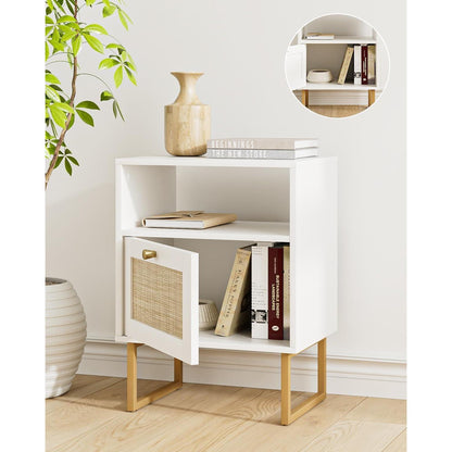 Boho Rattan Nachttisch, Weiß & Natur, Beistelltisch mit Schublade
