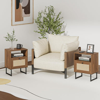 Rattan Nachttisch mit Schublade, Boho Design, Braun