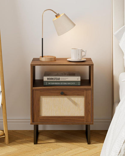 Moderne Rattan Nachttisch mit Schublade und Regal, Braun