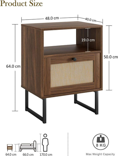 HEYZOEY Rattan Nachttisch mit Schublade und offenem Regal in