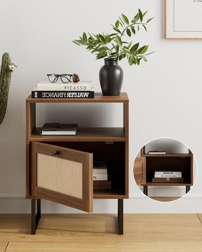 Rattan Nachttisch mit Schublade und Regal, Moderne Boho