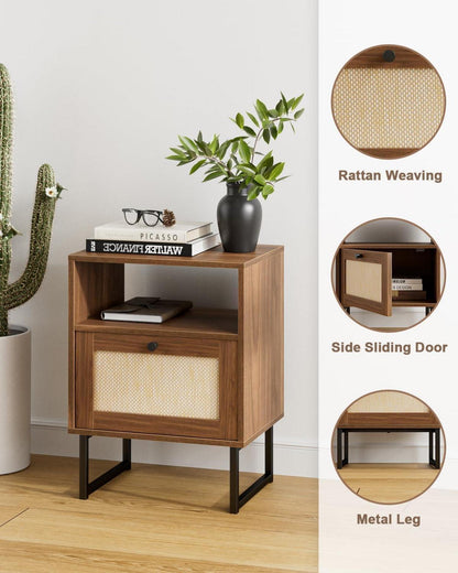 Rattan Nachttisch mit Schublade und Regal, Boho Design, Gold Frame