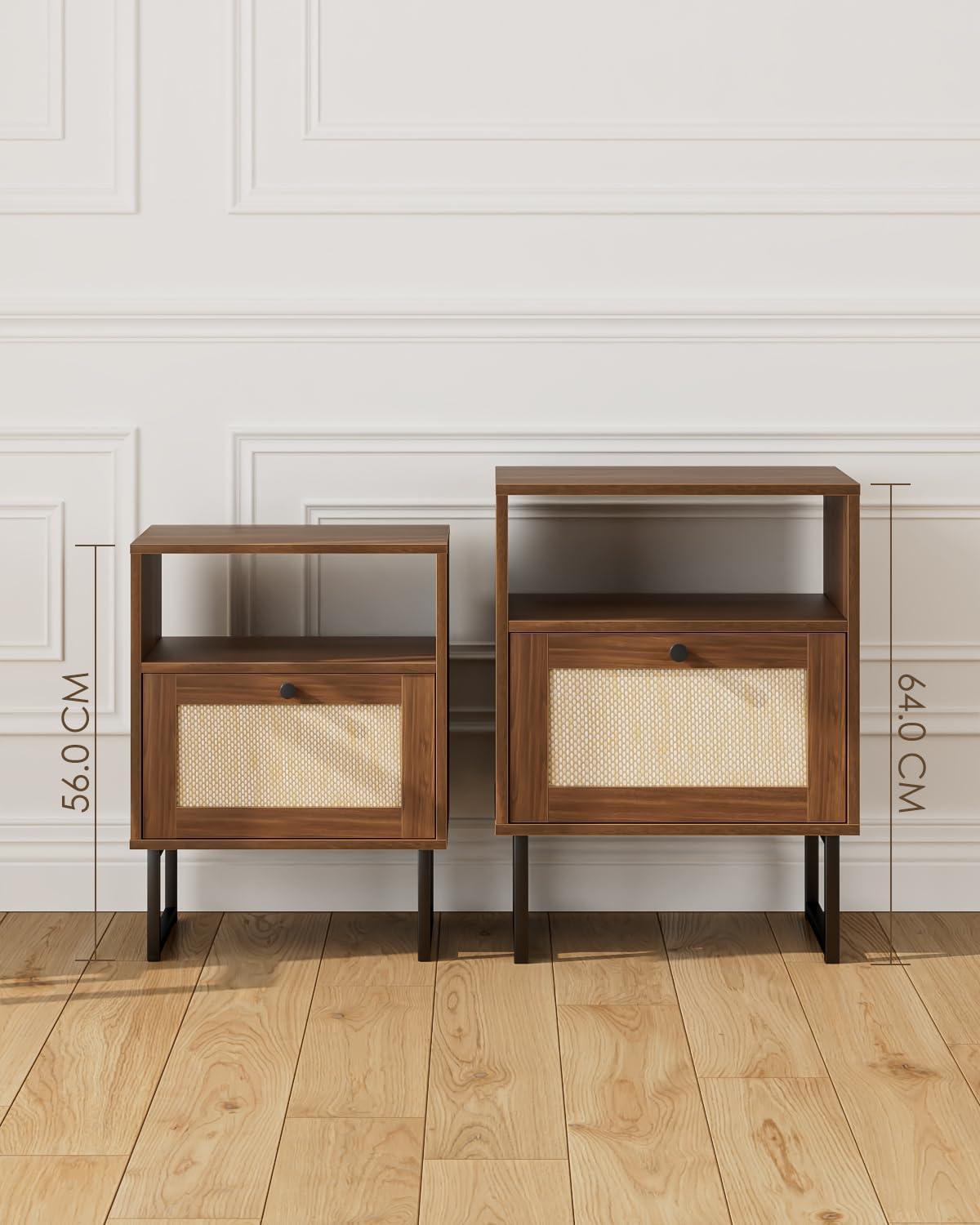 HEYZOEY Rattan Nachttisch mit Schublade und Regal, Boho Bauernhof Holz, Gold Frame - Braun
