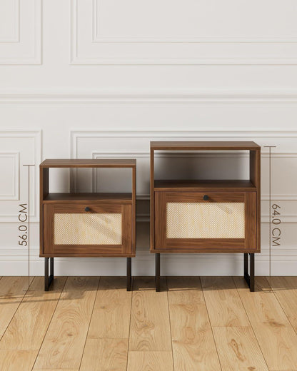HEYZOEY Rattan Nachttisch mit Schublade und Regal, Boho Bauernhof Holz, Gold Frame - Braun
