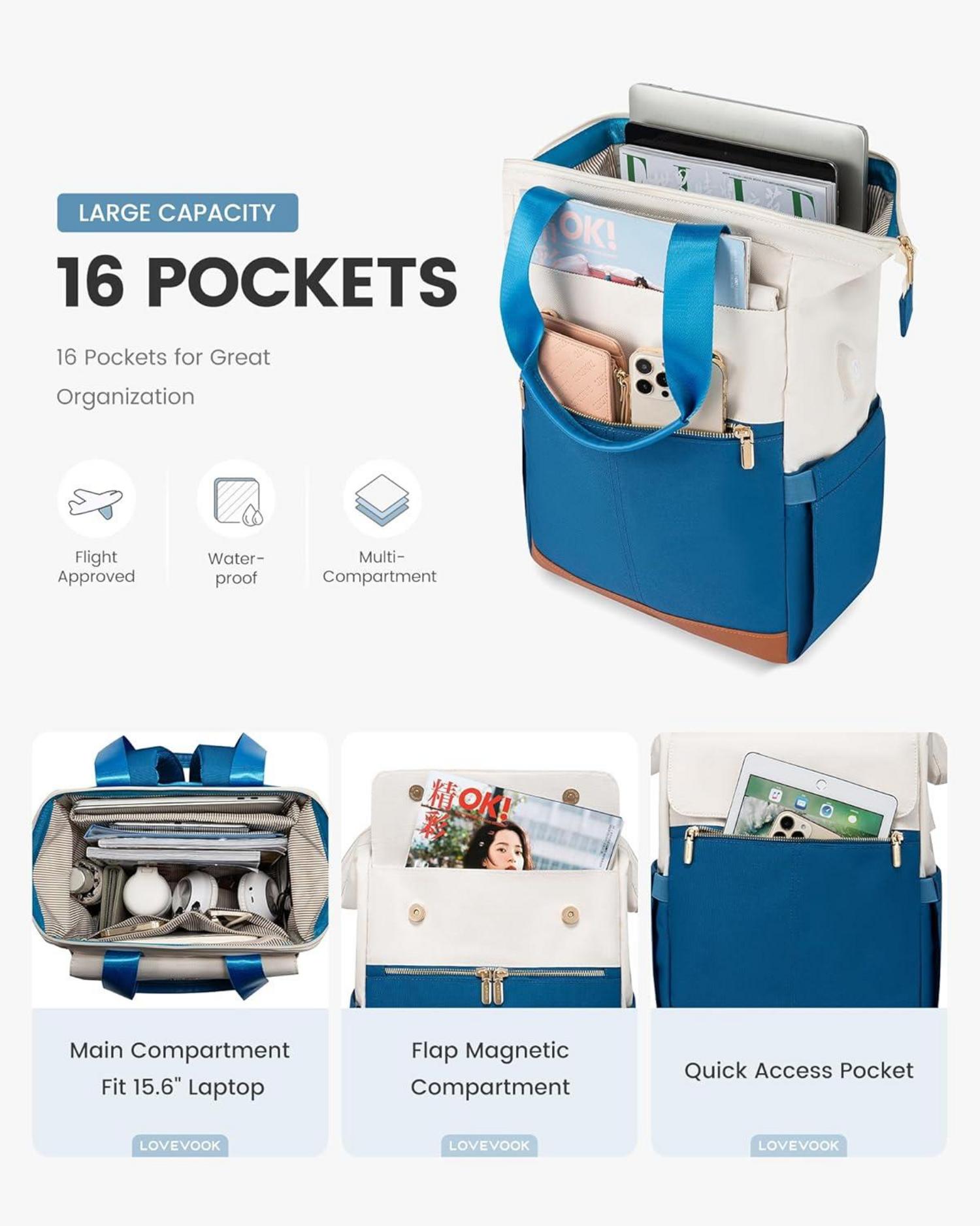 Blauer Damen Laptoprucksack USB 15,6 Zoll Büro Schulrucksack