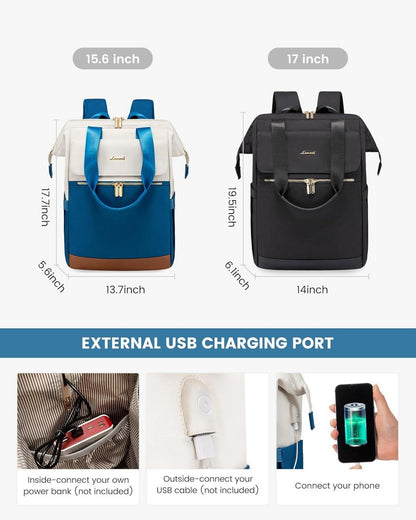 Damen Laptoprucksack Blau USB Schultasche 15,6 Zoll Arbeitsrucksack