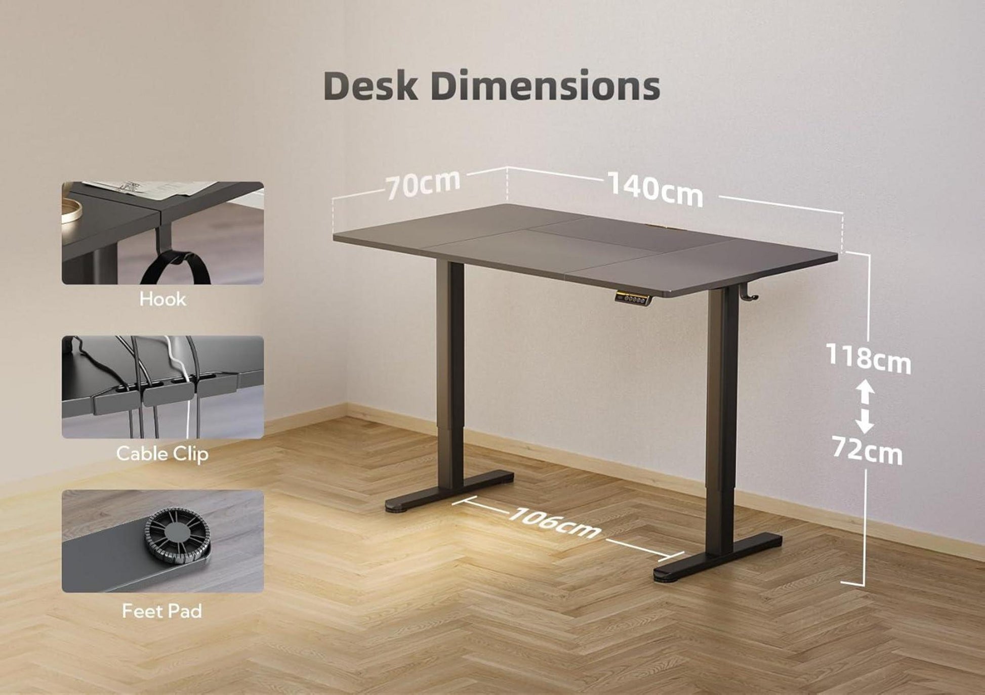 Höhenverstellbarer Schreibtisch Elektrisch Kabelmanagement 140×70