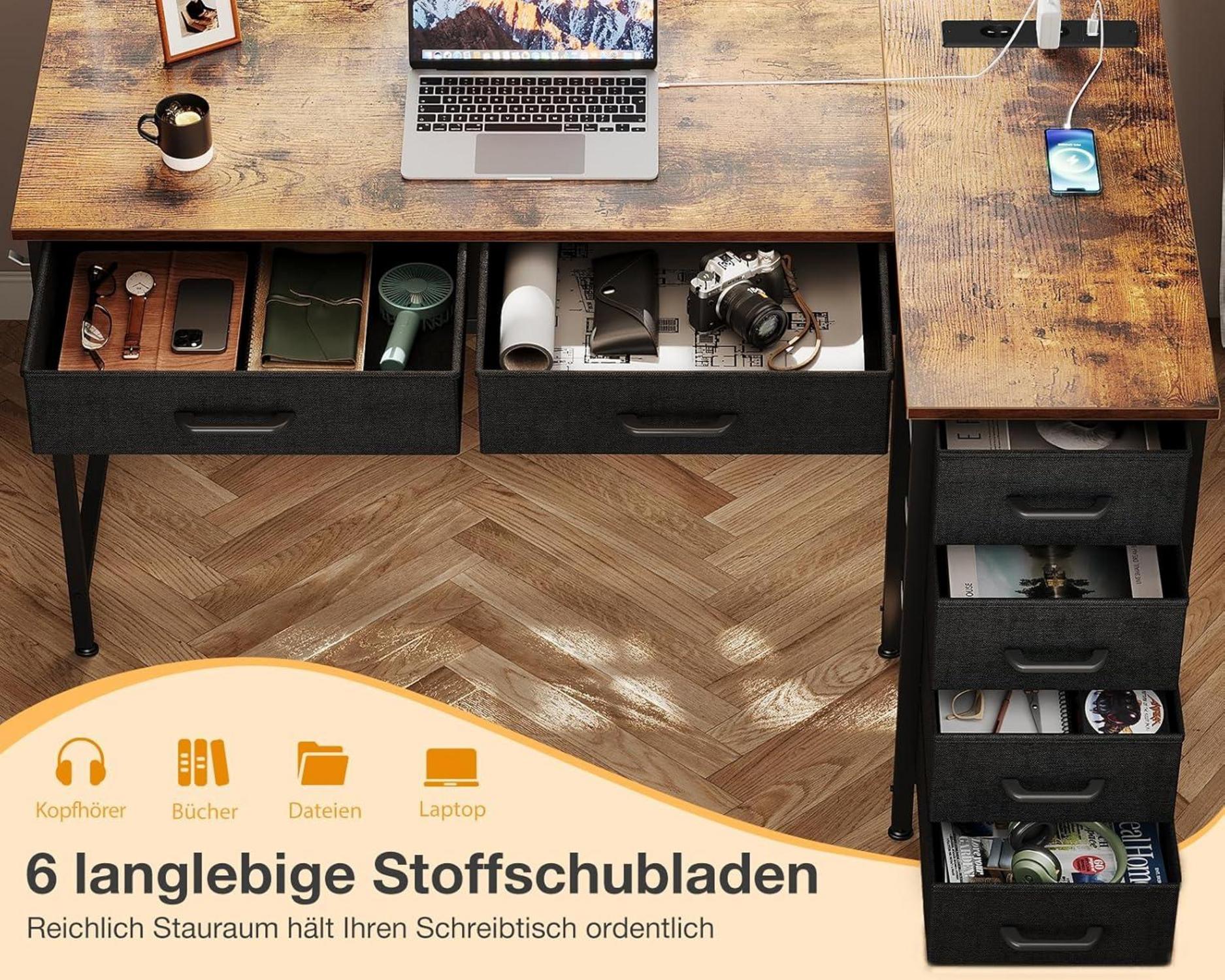 Eckschreibtisch L Form mit 6 Schubladen und Steckdose Vintage Braun