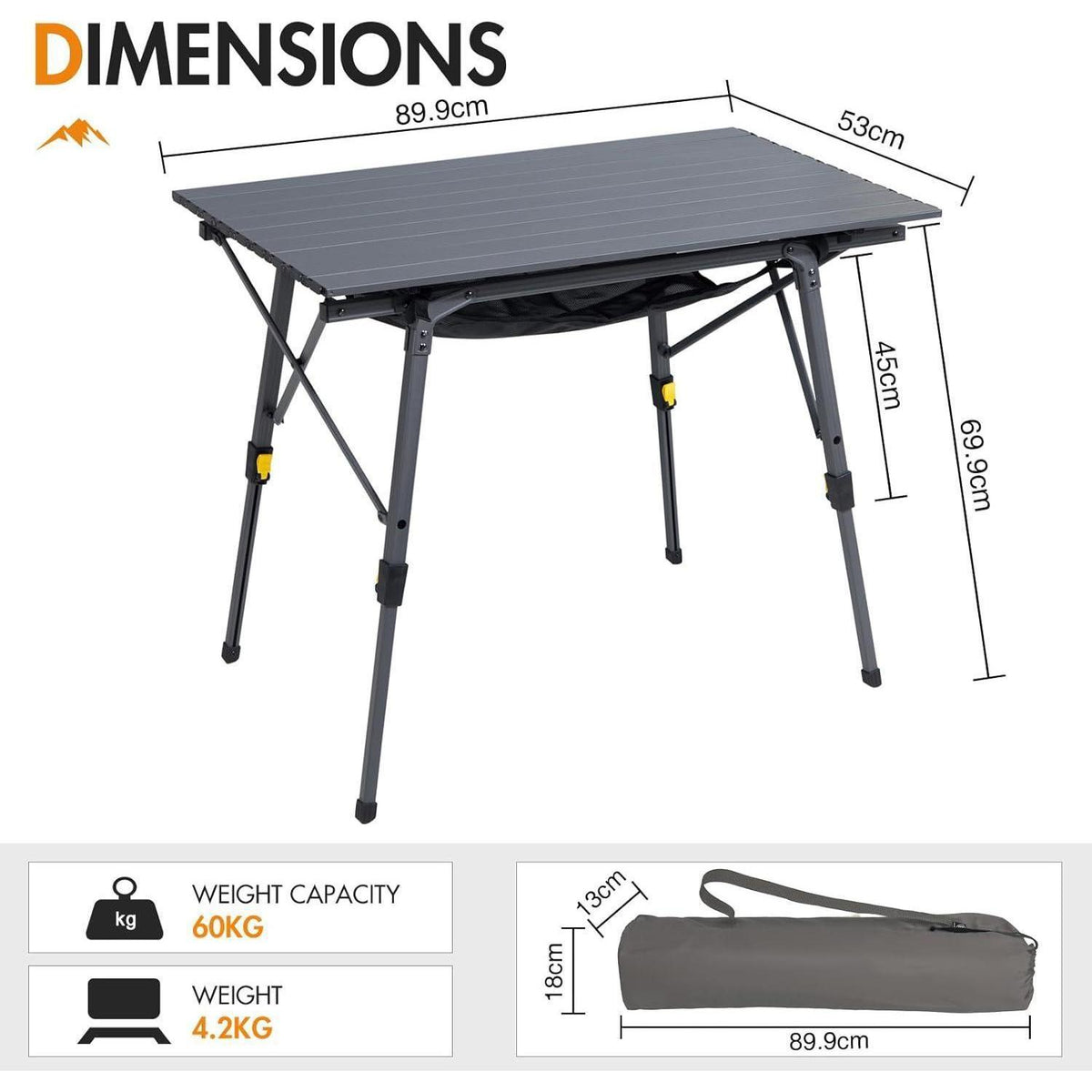 Faltbarer Campingtisch Aluminium Höhenverstellbar 90x53cm Grau