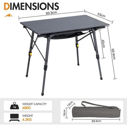 Faltbarer Campingtisch Aluminium Höhenverstellbar 90x53cm Grau