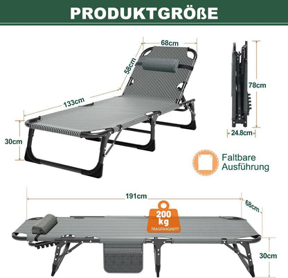 Klappbare Sonnenliege mit Matratze und Seitentasche, 150kg