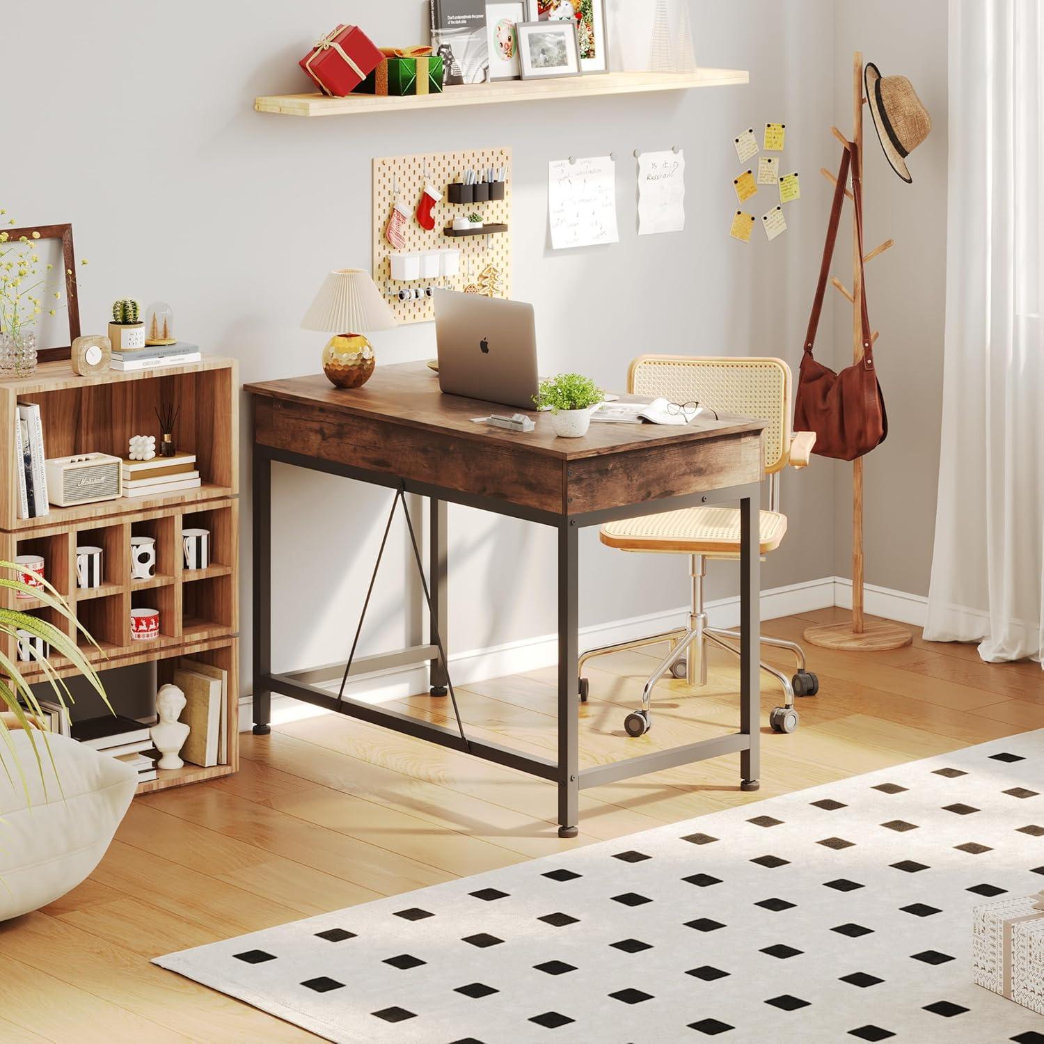 CAIYUN Schreibtisch mit Holzschubladen, Home Office Computertisch braun 100x50cm