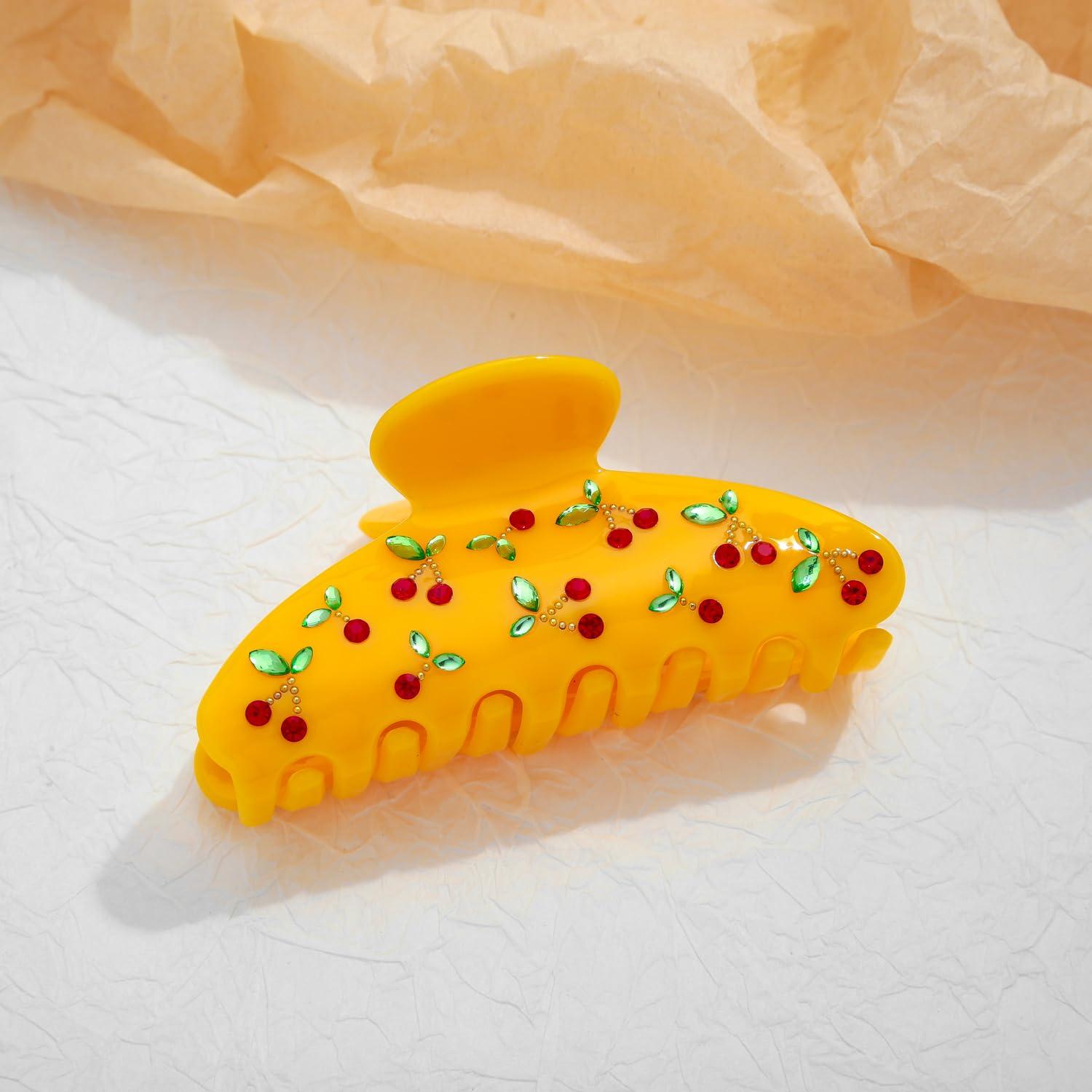 Gelbe Haarklammer mit Kirschmuster - Acryl-Haarspange für Damen