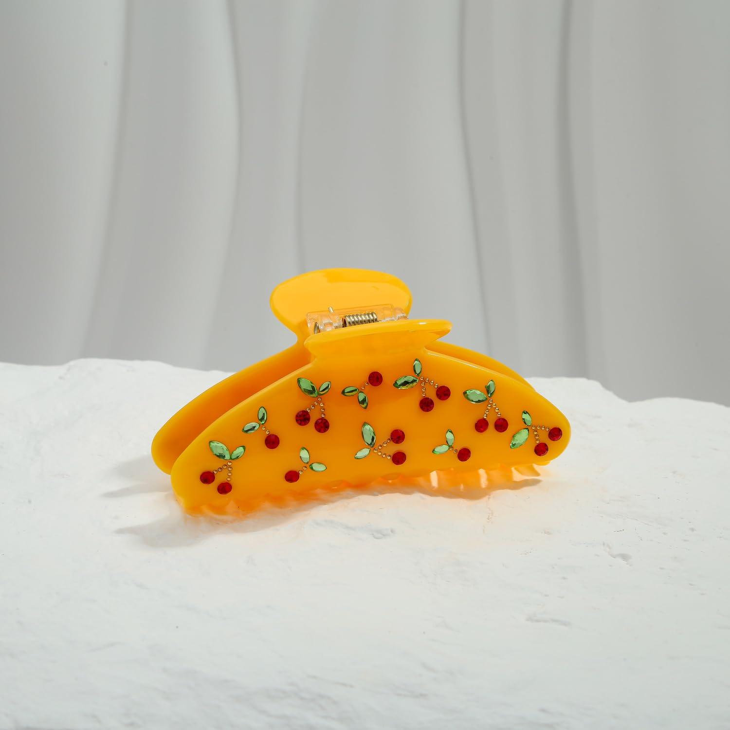 Gelbe Haarspange mit Kirschmuster - Elegante Acryl-Haarklammer für Damen