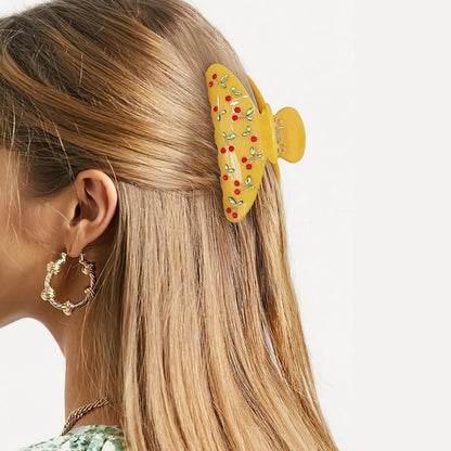 Gelbe Haarspange mit Kirschmuster - Acryl-Haarklammer für Damen