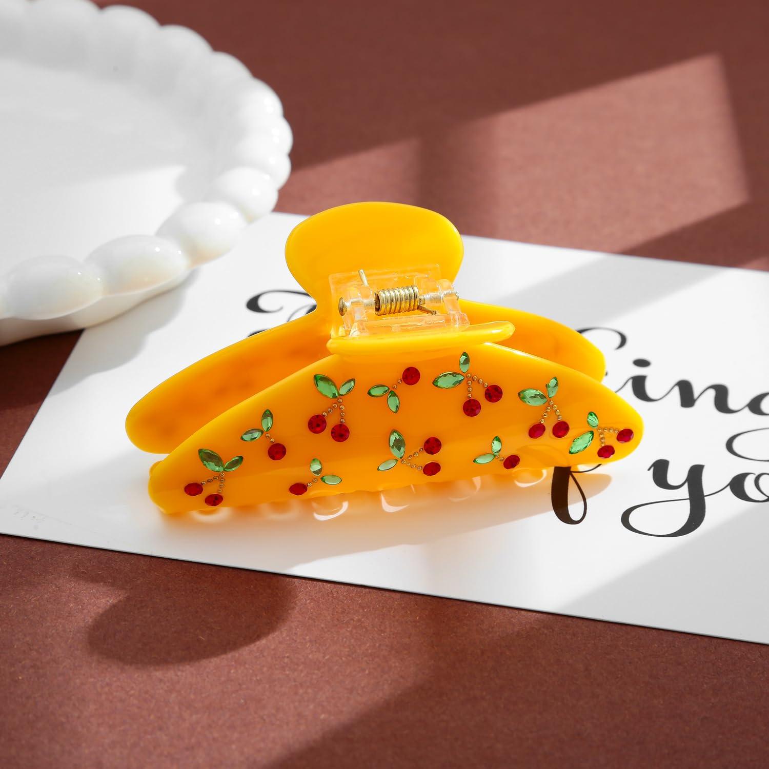 Gelbe Haarspange mit Kirschmuster - Elegante Acryl-Haarklammer für Damen