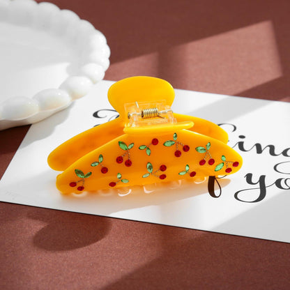 Gelbe Haarspange mit Kirschmuster - Elegante Acryl-Haarklammer für Damen