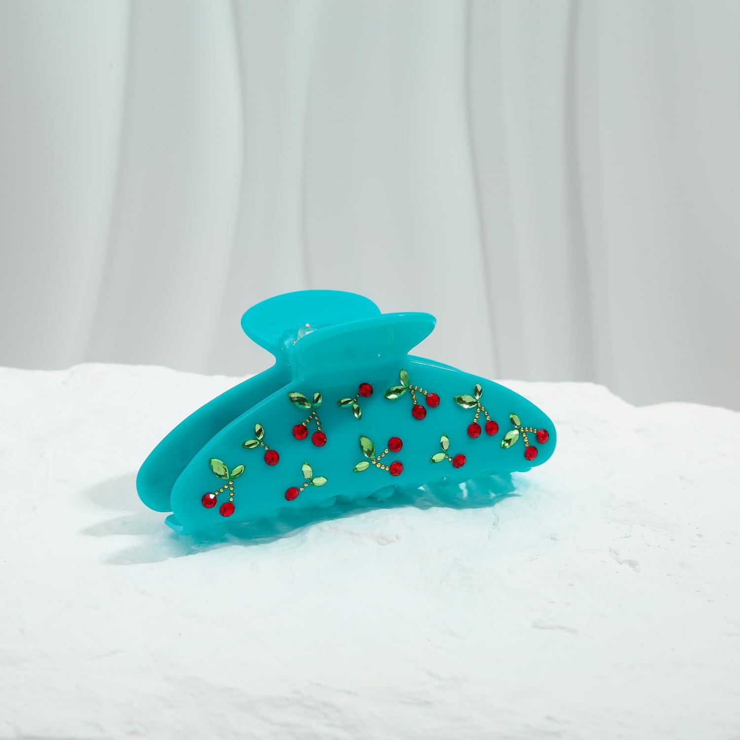 Türkise Haarspange mit Kirschdekor und Strasssteinen, Acryl, Damen