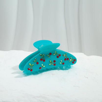 Türkise Haarspange mit Kirschdekor und Strasssteinen, Acryl, Damen