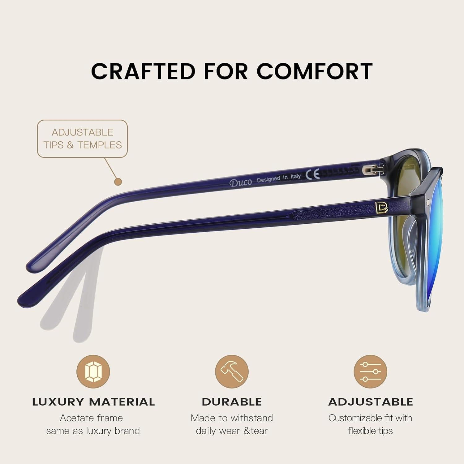 DUCO Retro Polarisierte Damen Sonnenbrille UV400 Schutz Acetat Rahmen Blau Revo Linse