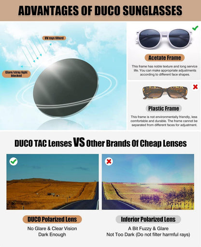 DUCO Retro Damen Sonnenbrille Vintage Polarisiert UV400 Schutz Acetat Rahmen 1230 Weiß Grau