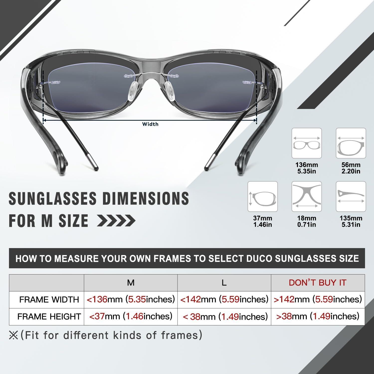 DUCO Polarisierte Sonnenbrille für Brillenträger UV400 Schutz Grau Linse M Größe