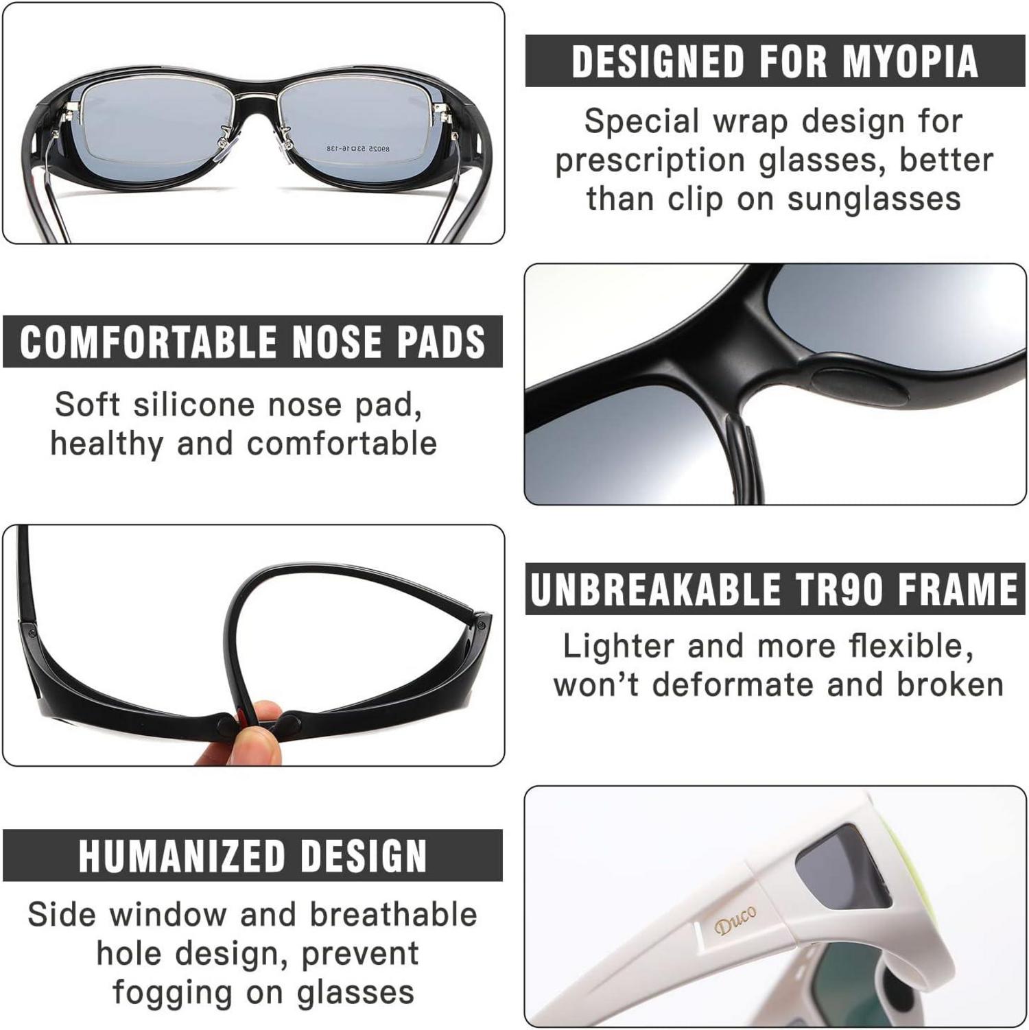 DUCO Polarisierte Sonnenbrille UV400 Schutz für Brille M/L Schwarz Rahmen Grau Linse