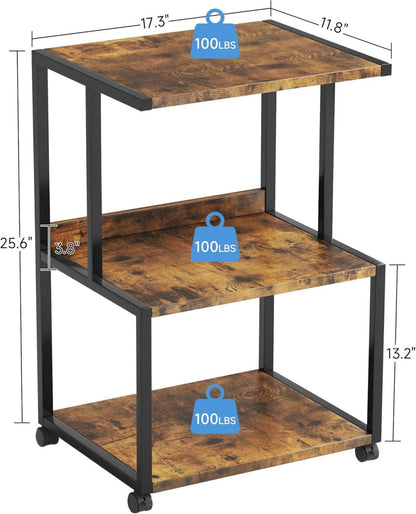 Druckertisch Druckerständer Holz Metall rollbar 3 Ebenen Braun 30x44x65 cm