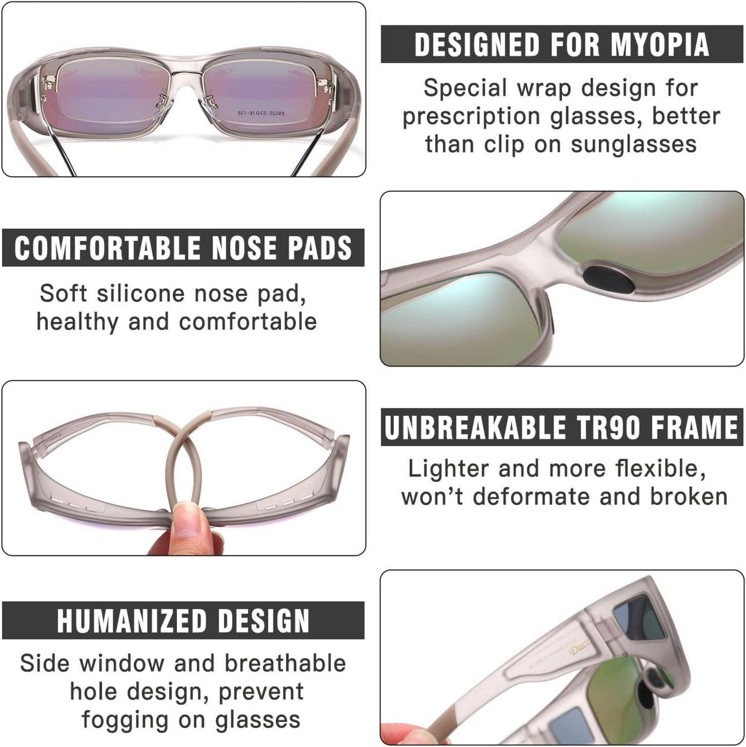 DUCO Polarisierte Sonnenbrille UV400 Schutz Wrap-Around Überbrille für Brillenträger Fit-over Polbrille L Größe Transparent Grau Revo Grün