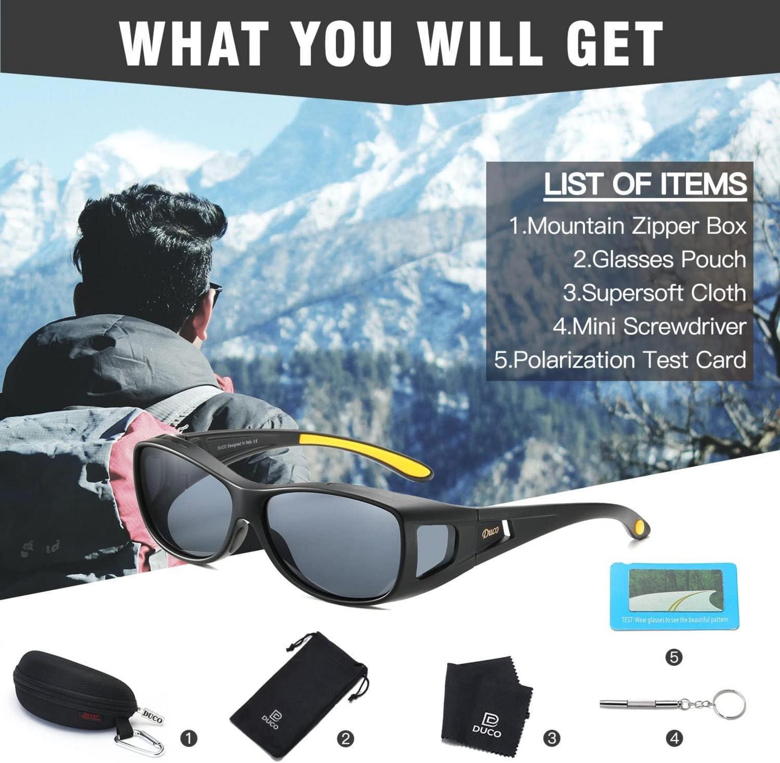 DUCO Polarisierte Überbrille für Brillenträger UV400 Schutz Schwarz Gelb