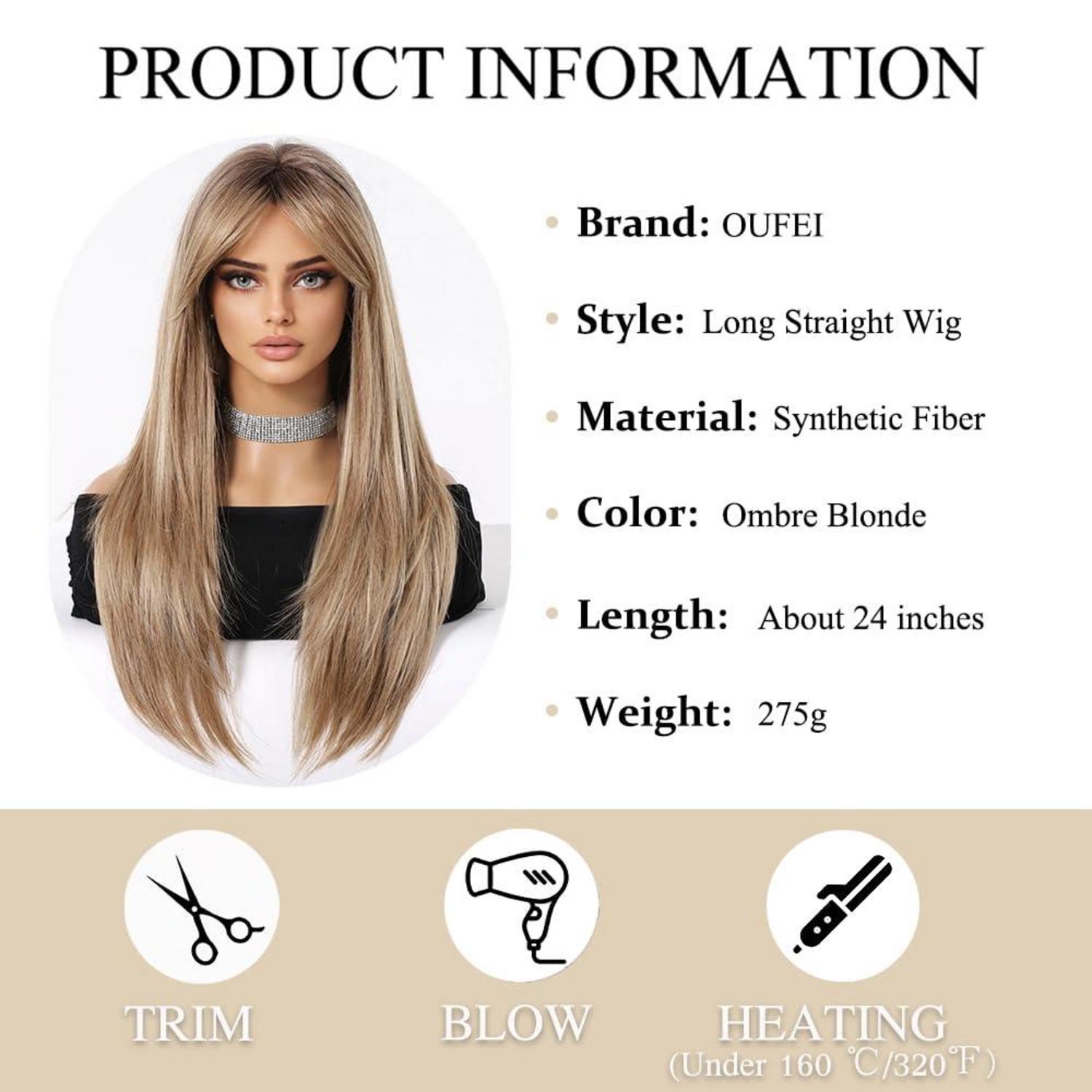 Ombre Blonde Lange Perücken mit Pony für Frauen - Gerade