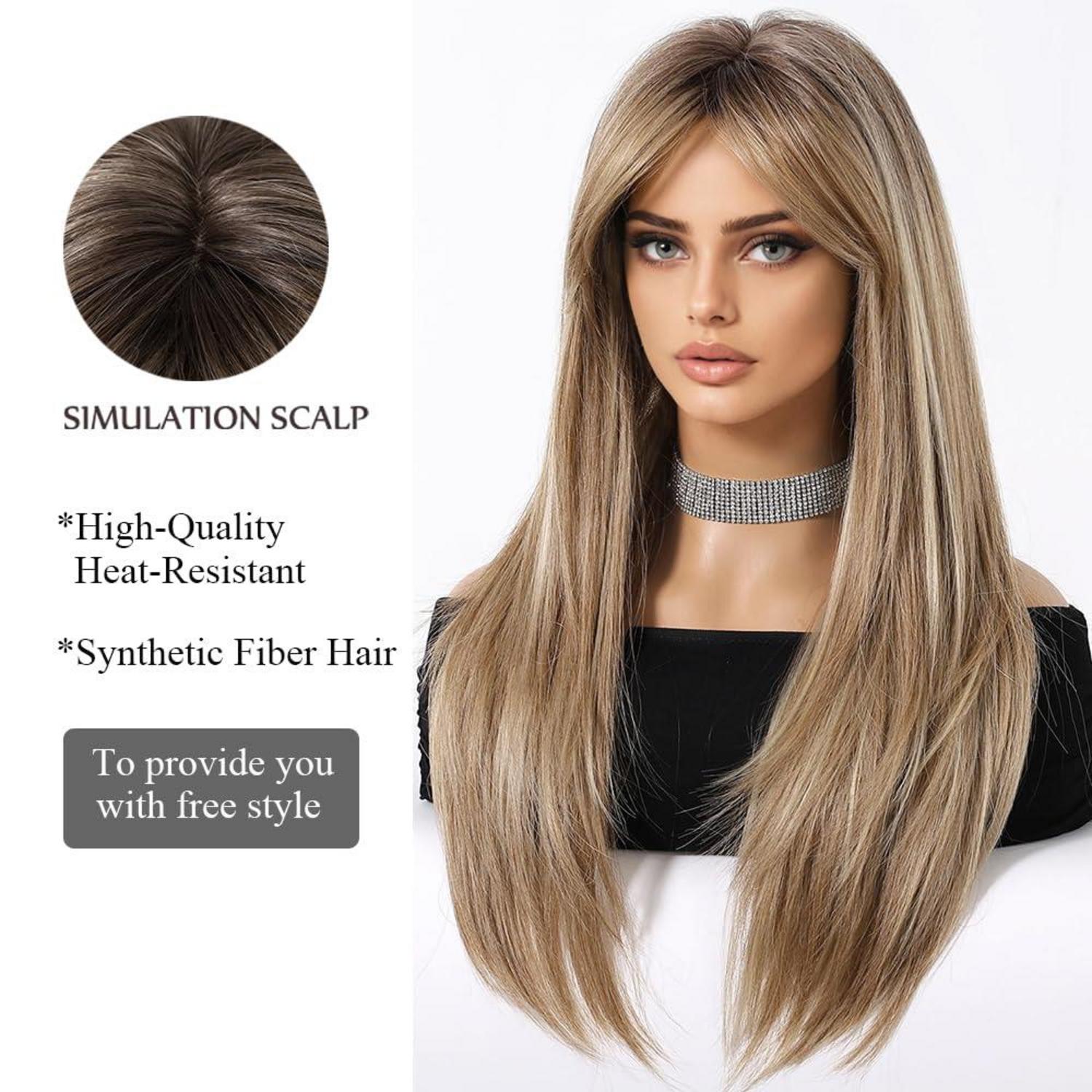 Ombre Blonde Lange Gerade Perücke mit Pony für Frauen