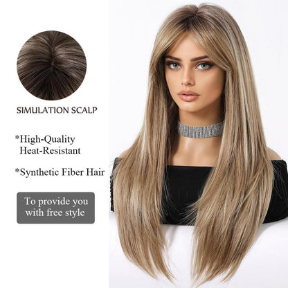 Ombre Blonde Lange Gerade Perücke mit Pony für Frauen