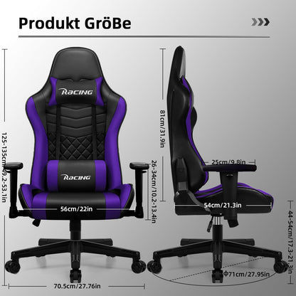 Gaming Stuhl mit Wippfunktion bis 170° und Lendenkissen